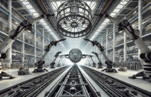 Swarm robotics could transform aircraft manufacturing, as seen in this computer-rendered image of a futuristic factory.