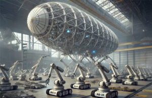 A computer-generated image of futuristic aerospace assembly with swarm robotics.