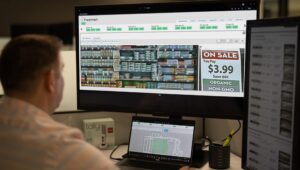 A computer screen displays a retail planogram. Simbe for Marchants includes ‘realograms’ — realtime diagrams of what’s actually on store shelves.