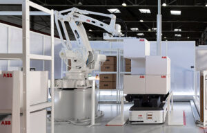 ABB integrates industrial robots and AMRs as shown here.
