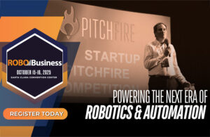 A promotional image for RoboBusiness that says," Powering the Next Era of Robotics and Automation."