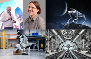 Four images: Aaron Saunders and Melonee Wise, the new quadruped from Unitree, a humanoid squatting to pick up a box, and an assembly line featuring swarm robots.